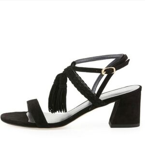 Stuart Weitzman Black Tasselmania Suede Block Heel Sandals